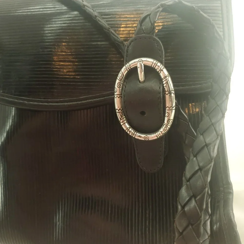 Brighton Womens Black Striped Leather Flap Front Braided Straps Satchel Bag